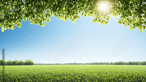 Bright Sunny Day Landscape with Green Field and Lush Trees