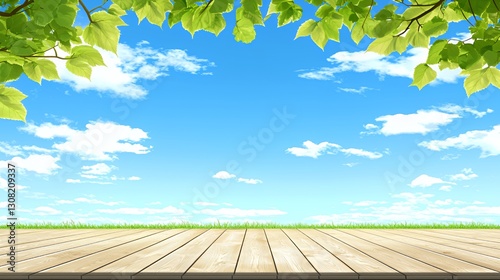 Bright Sunny Day Landscape with Green Field and Wooden Table