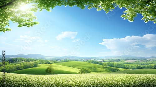 Bright Sunny Day Landscape with Green Hills and White Flowers