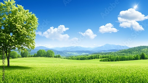 Bright Sunny Day Landscape with Lush Green Field and Distant Mountains