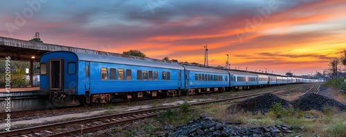 Long blue train sits at a station under a sunset photo
