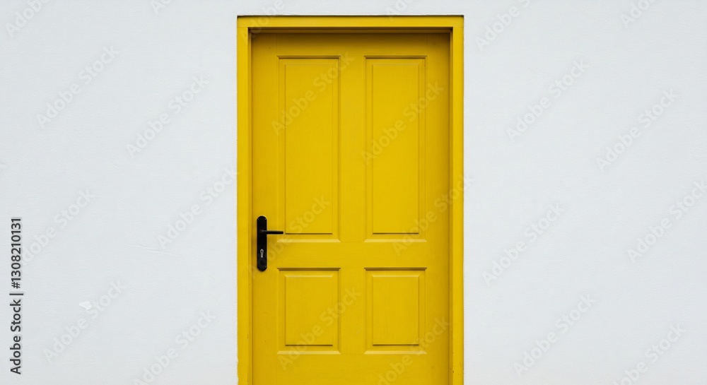 Bright Yellow Door Against White Wall. AI Generated Bright Yellow Door Against White Wall. AI Generated