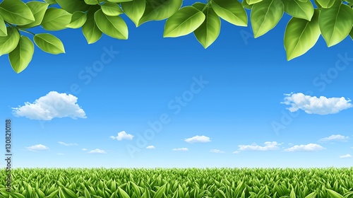 Bright Sunny Day Landscape with Lush Green Grass and Blue Sky