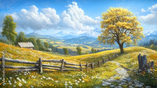 Bright Sunny Day Landscape with Yellow Flowers and Mountains