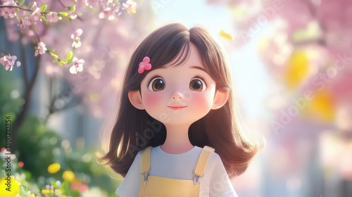 Cute Cartoon Girl Spring Flowers Background