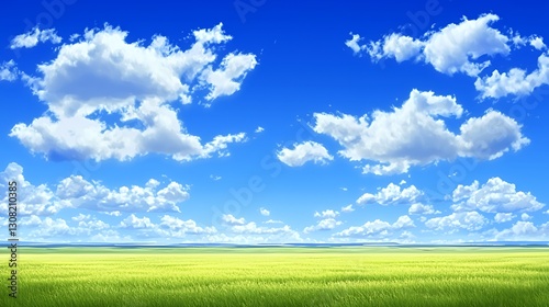 Bright Sunny Day Landscape with Yellow Green Field and Blue Sky with Fluffy White Clouds
