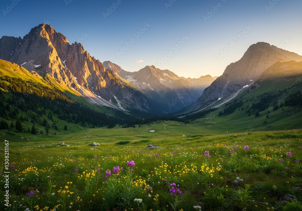 Serene Sunset Valley Majestic Mountains. AI Generated