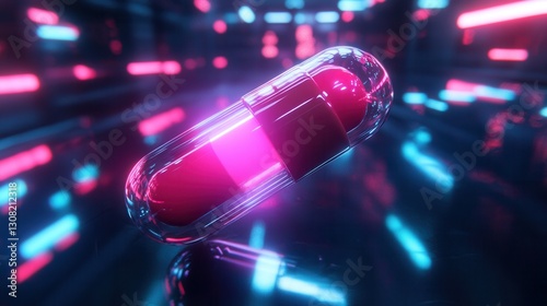 Floating neon cyberpunk pill in a futuristic dark void with advanced sci fi lighting Generative AI