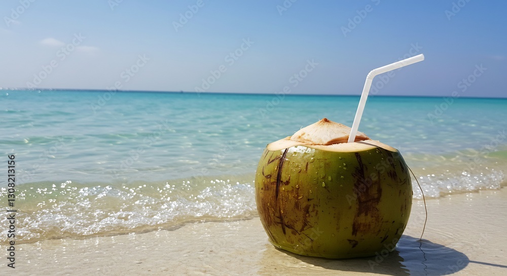Refreshing Coconut Drink Tropical Beach Scene. AI Generated Refreshing Coconut Drink Tropical Beach Scene. AI Generated