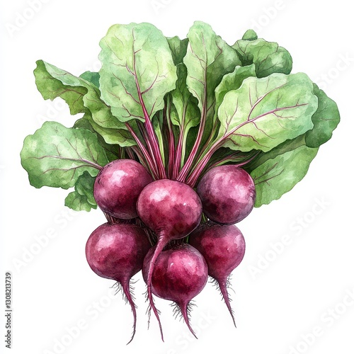 Watercolor Illustration Of Fresh Red Beets With Green Leaves