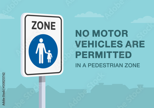Safe driving tips and traffic regulation rules. Close-up of european "pedestrian zone" sign meaning. No motor vehicles are permitted. Flat vector illustration template.