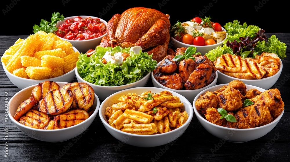 Beautifully arranged assortment of delicious foods on a wooden table showcasing culinary diversity and presentation Beautifully arranged assortment of delicious foods on a wooden table showcasing culinary diversity and presentation