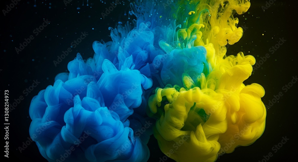 Obraz premium Vibrant blue yellow green inks swirl dramatically. AI Generated