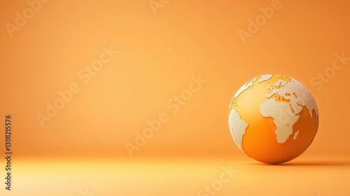 Glowing orange globe or world map sphere on a clean minimalist desk or office workspace  The international global concept represents digital communication connection