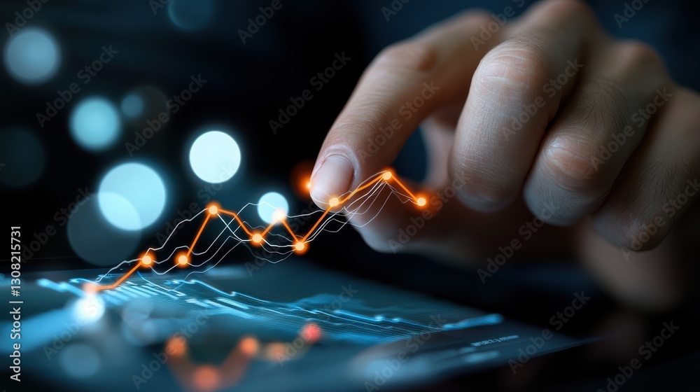 Hands interacting with a futuristic digital data analytics and finance dashboard Visualizing statistics financial information and business insights on a modern technology interface Hands interacting with a futuristic digital data analytics and finance dashboard Visualizing statistics financial information and business insights on a modern technology interface