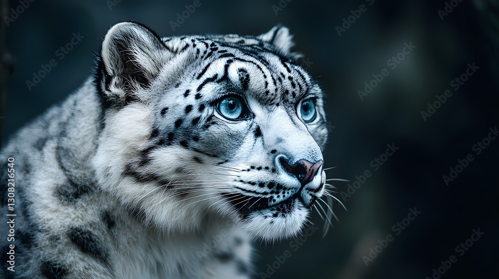 Obraz premium A snow leopard gazing upward in its natural habitat surrounded by thick white snow and beautiful scenery