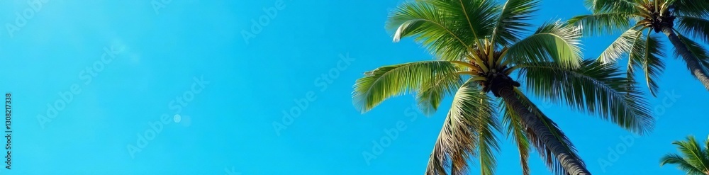 A tall palm tree with lush green leaves against a clear blue sky, summer, isolated A tall palm tree with lush green leaves against a clear blue sky, summer, isolated
