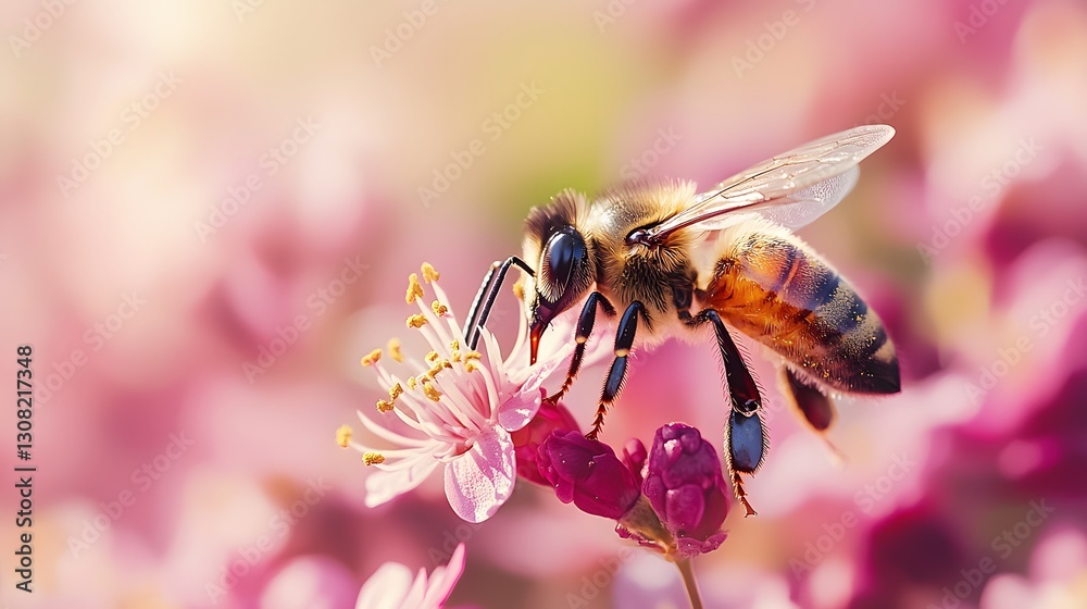 Close-up of a honeybee collecting nectar from a vibrant flower petal in a macro photography style Close-up of a honeybee collecting nectar from a vibrant flower petal in a macro photography style