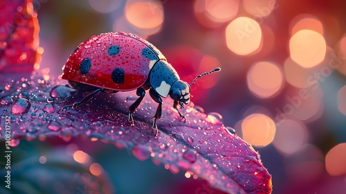 Magnificent macro shot of a ladybug resting on a leaf with dewdrops showcasing the beauty of nature's tiny creatures