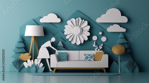 Cozy Living Room Setting Featuring Couch Lamp and Unique Paper Cut Art