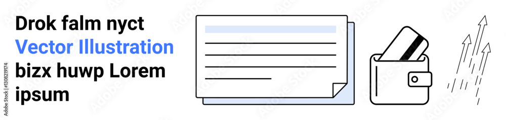 Wallet with credit cards, document, growth chart arrows. Ideal for finance, budgeting, investments, market growth, financial planning business success and economic trends themes. Landing page Wallet with credit cards, document, growth chart arrows. Ideal for finance, budgeting, investments, market growth, financial planning business success and economic trends themes. Landing page