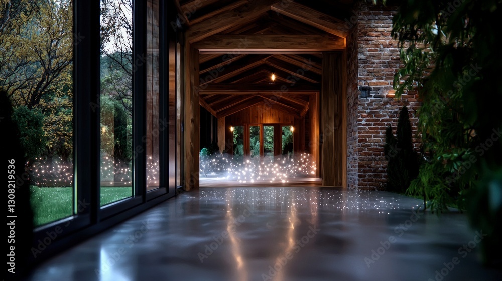 Fototapeta premium Rustic Farmhouse Hallway Cozy Interior Wooden Beams Brick Walls Garden View