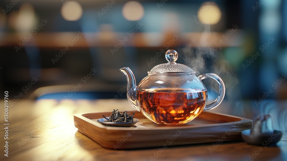 Steaming tea in glass teapot on wooden tray.