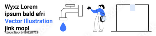 Woman inspects dripping faucet against backdrop of a checklist and water awareness design. Ideal for water conservation, repair services, sustainability, eco-awareness, home improvement, energy