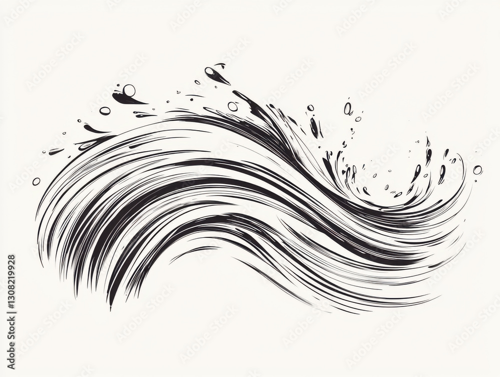 Fototapeta premium Flowing black ink strokes create dynamic wave patterns with splashes