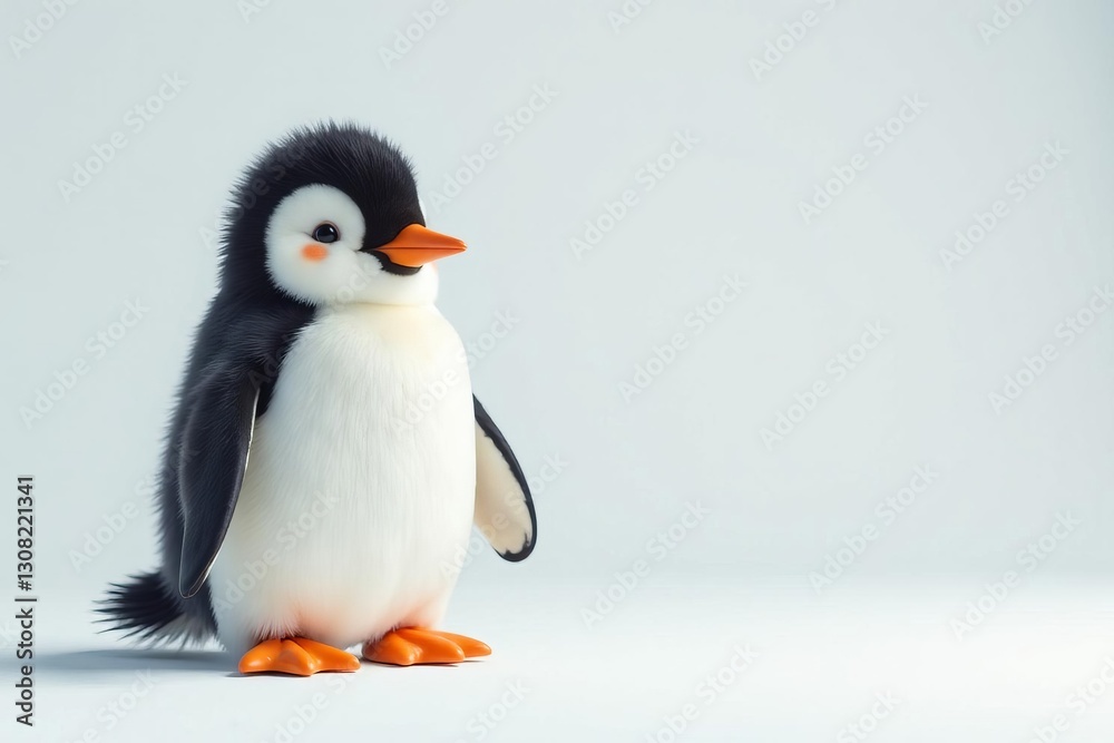 Fototapeta premium Adorable little penguin with orange beak in empty white space, Nature, Feather