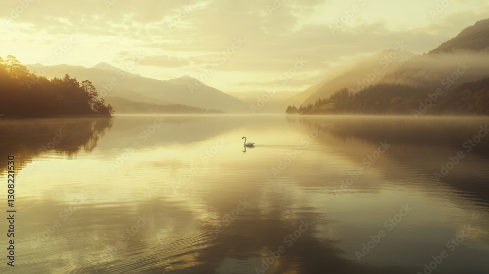 Fototapeta premium Serene sunrise over a calm lake with a lone swan.