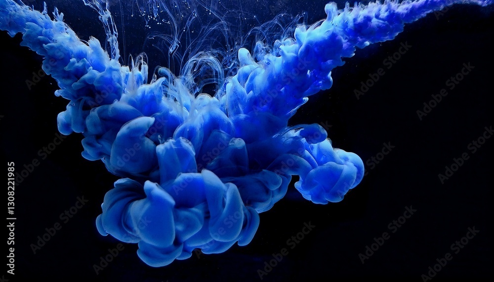 Obraz premium Vibrant blue ink swirling in water, creating an abstract explosion of color against a dark background. A dynamic and artistic fluid motion concept perfect for creative and futuristic designs.