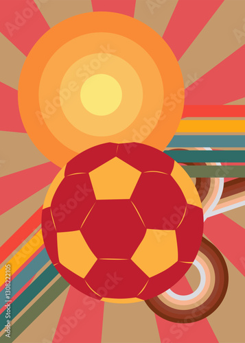 Retro 70s Background with Football Ball. Groovy Sport 1970s art template. Minimalistic Vintage design poster. Old-fashioned color artwork.