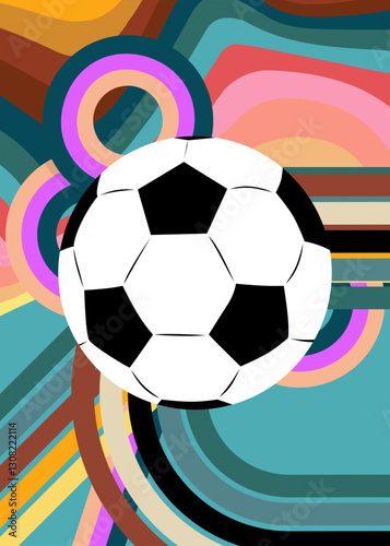 Retro 70s Background with Football Ball. Groovy Sport 1970s art template. Minimalistic Vintage design poster. Old-fashioned color artwork.