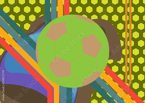 Retro 70s Background with Football Ball. Groovy Sport 1970s art template. Minimalistic Vintage design poster. Old-fashioned color artwork.