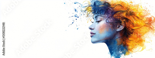 Watercolor painting of a woman in profile, evoking serenity and introspection. Ideal for mental health, self-care campaigns, and artistic expression.