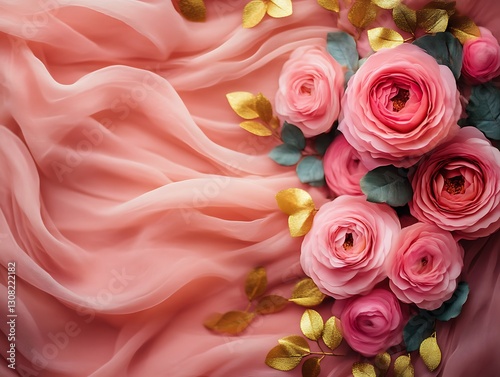 Roses bloom on flowing pink fabric background