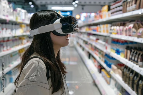 Young Woman Using Virtual Reality Headset in Supermarket Aisle