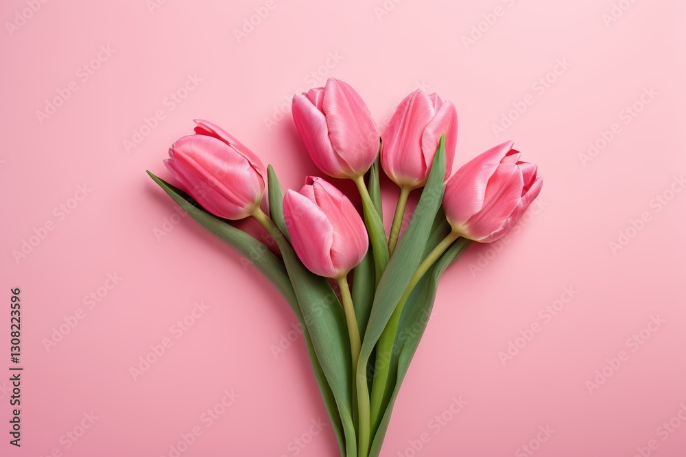 Fototapeta premium there are pink tulips on a pink background with a green stem