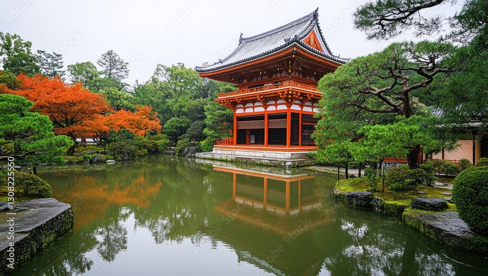 Japanese Temple Reflecting in Pond, Autumn Colors Japanese Temple Reflecting in Pond, Autumn Colors