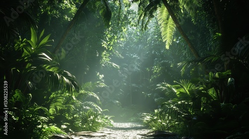 Lush Tropical Jungle Path  Sunlight Through Canopy