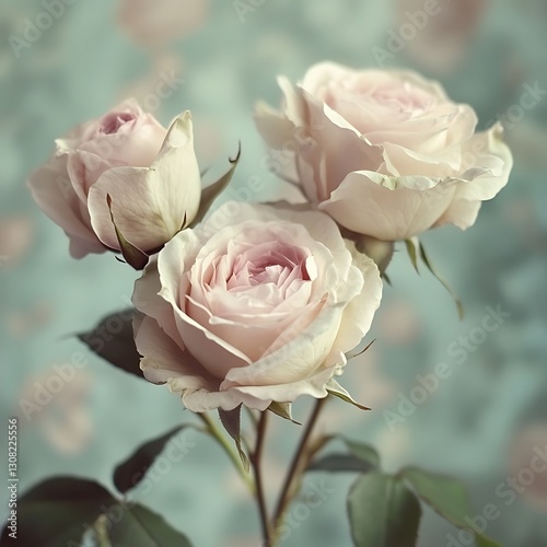 Roses bloom softly on floral, faded backdrop