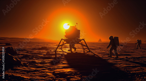 Lunar lander touchdown, iridescent colors, warm golden hour light