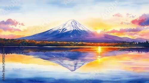 Watercolor Mountain Sunrise Reflection Landscape