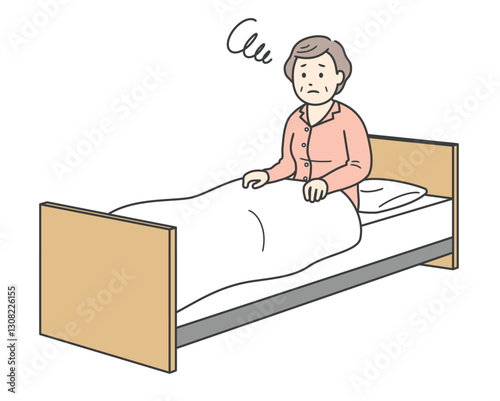 ベッドから起き上って睡眠の悩みを抱えるパジャマ姿の高齢女性と介護ベッド