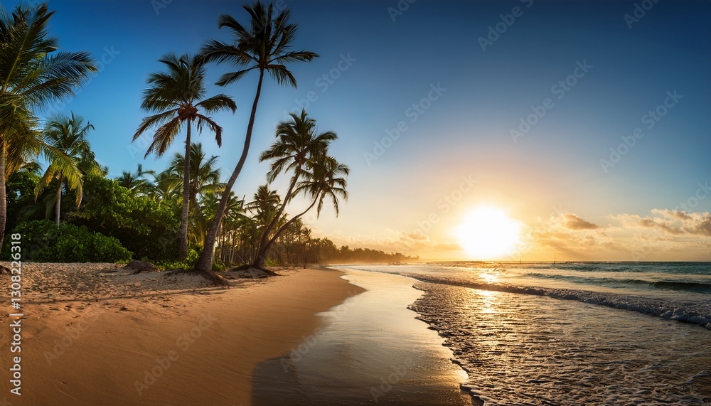 Fototapeta premium beautiful sunrise over tropical beach and palm trees in dominican republic