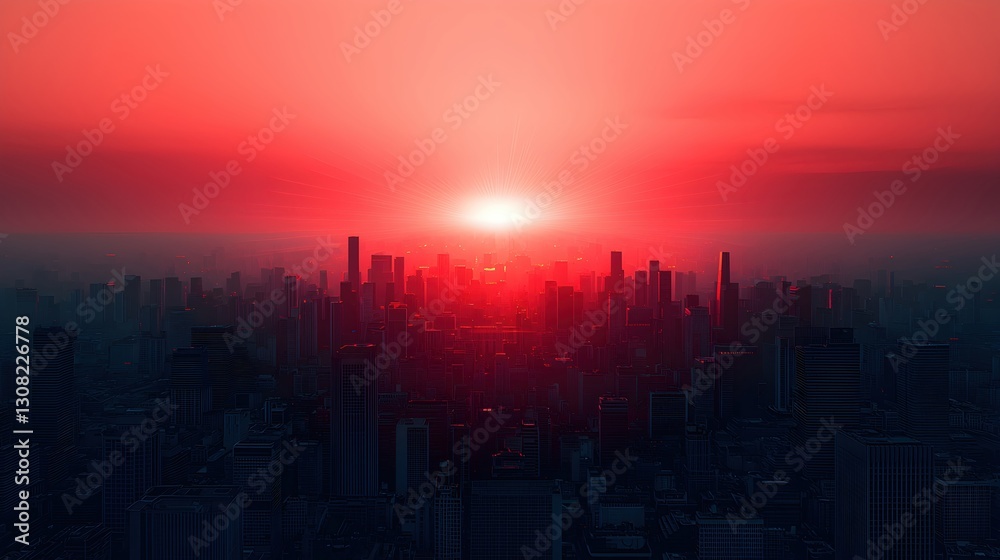 Fototapeta premium Orange Sunset Over City Skyline with Tall Buildings and Horizon Glow