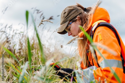Woman in Orange Safety Jacket Examining Plants in Tall Grass