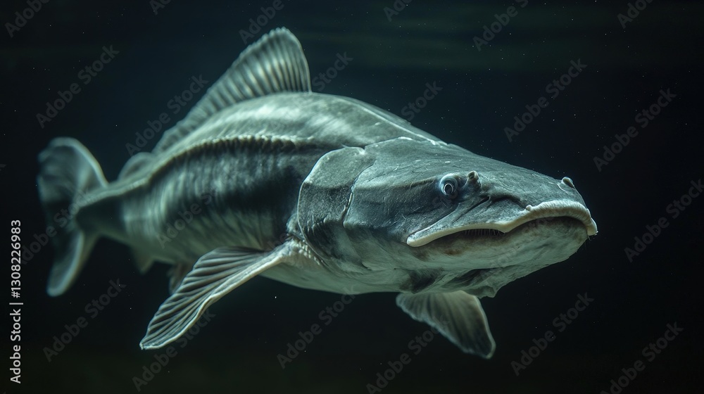 Naklejka premium Elegant gray-black catfish, sleek silhouette showcasing head and tapered tail. Its elongated form accentuates the distinctive, sharp snout, exuding an aura of aquatic grace