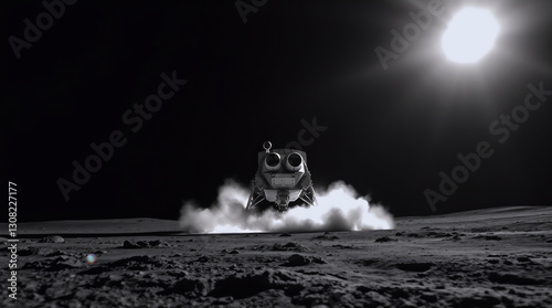 Lunar module emergency takeoff, low angle, Moon surface, intense engine flares